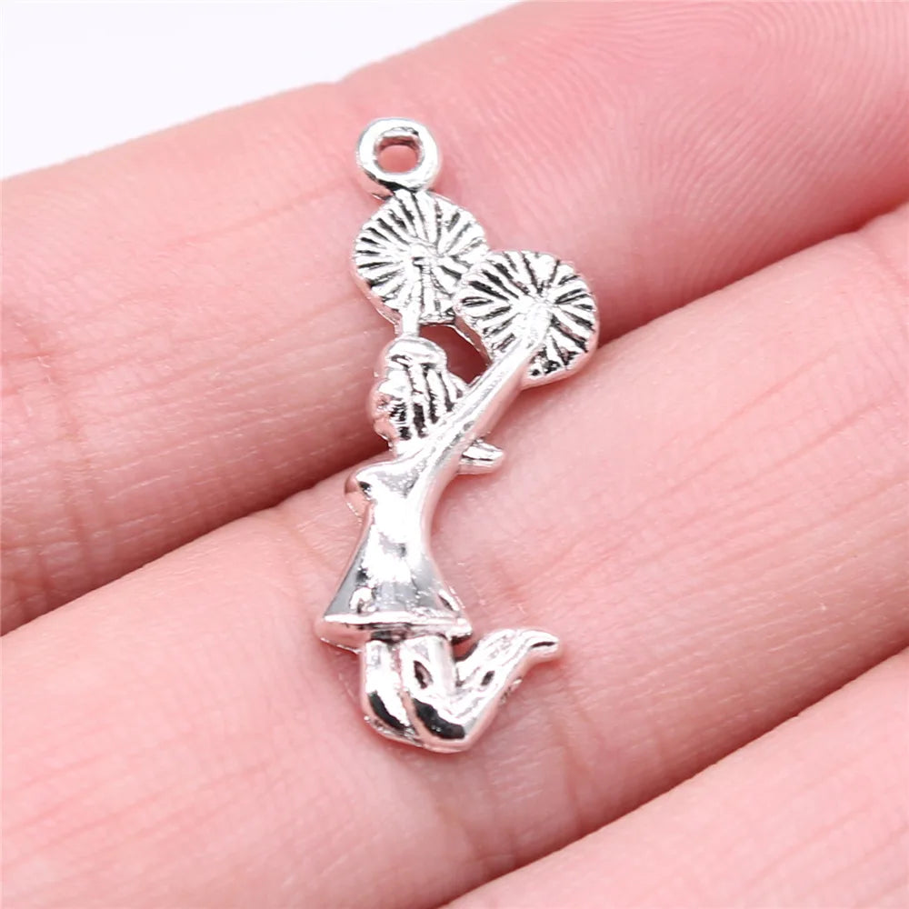 28x10mm 1.3g Antique Silver Zinc Alloy Cheerleader Charm Pendant for DIY Sports Jewelry Making