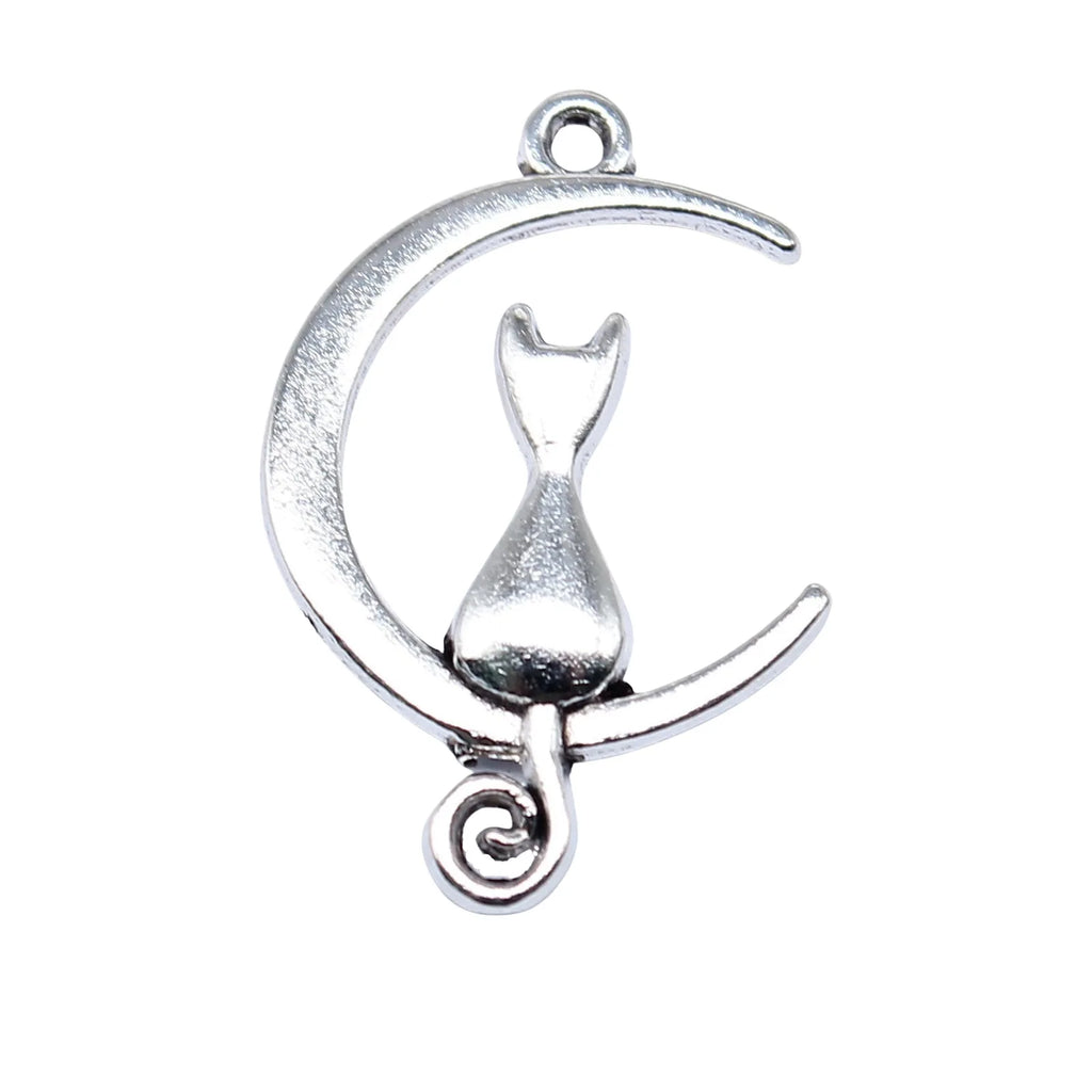 21x13mm 0.7g Antique Silver Tone Zinc Alloy Moon Cat Charm Pendant for DIY Necklace Jewelry Making