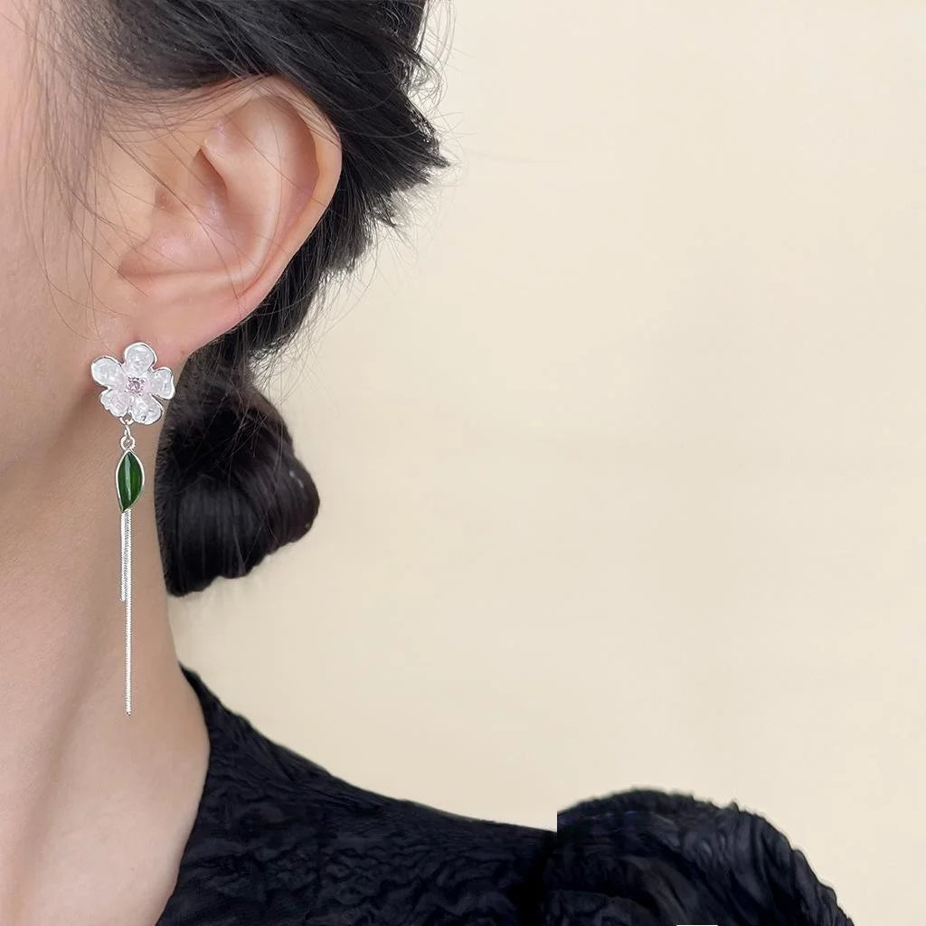 Sweet Floral Glass Crystal Micro Pave Zircon Long Tassel Drop Earrings