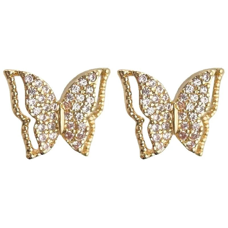 Copper Micro Pave Zircon 3D Butterfly Stud Earrings French Vintage Hollow Out Mini Sweet Jewelry