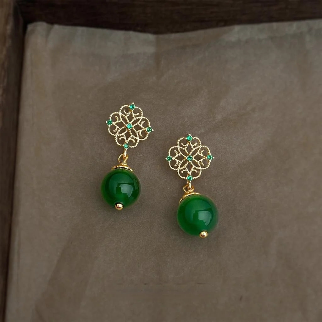 New Chinese Style Green Agate Zircon Micro Pave Hollow Lace Copper Drop Earrings