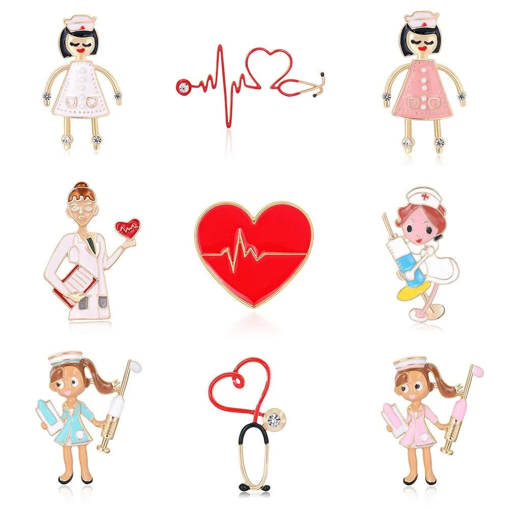 Cute Enamel Alloy Nurse Stethoscope Heart Brooch With Rhinestone Accent, Medical Lapel Pin Suit Accessory Gift