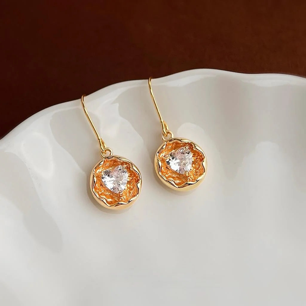 Old Money Minimalist Copper Zircon Heart Geometric Round Drop Earrings