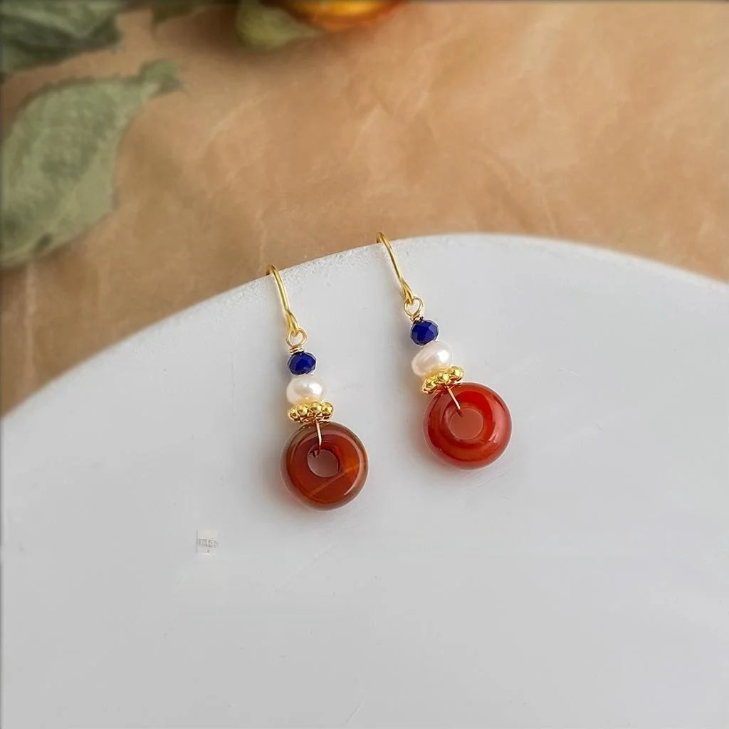 Freshwater Pearl Red Agate Geometric Hoop Drop Earrings Vintage Palace Style Handmade Jewelry