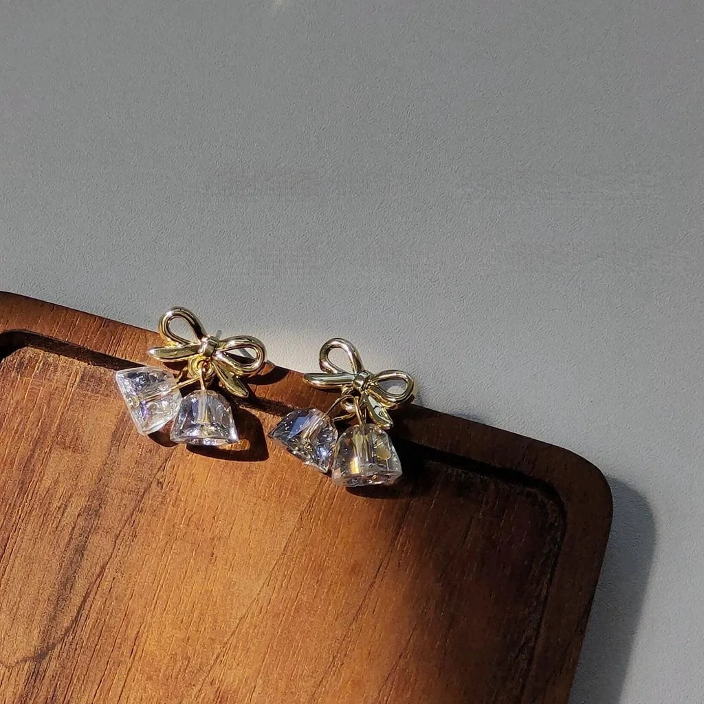 Korean Style 14K Plated Bow Bell Glass Crystal Stud Earrings For Women