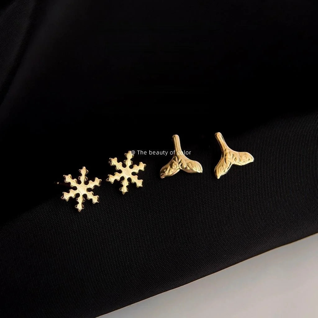 14K Plated Copper Mini Flower Stud Earrings, Simple Fishtail Snowflake Design
