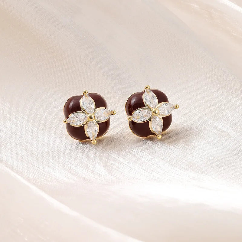 Vintage Red Enamel Flower Zircon Swirl Stud & Clip On No Piercing Luxury Women Earrings