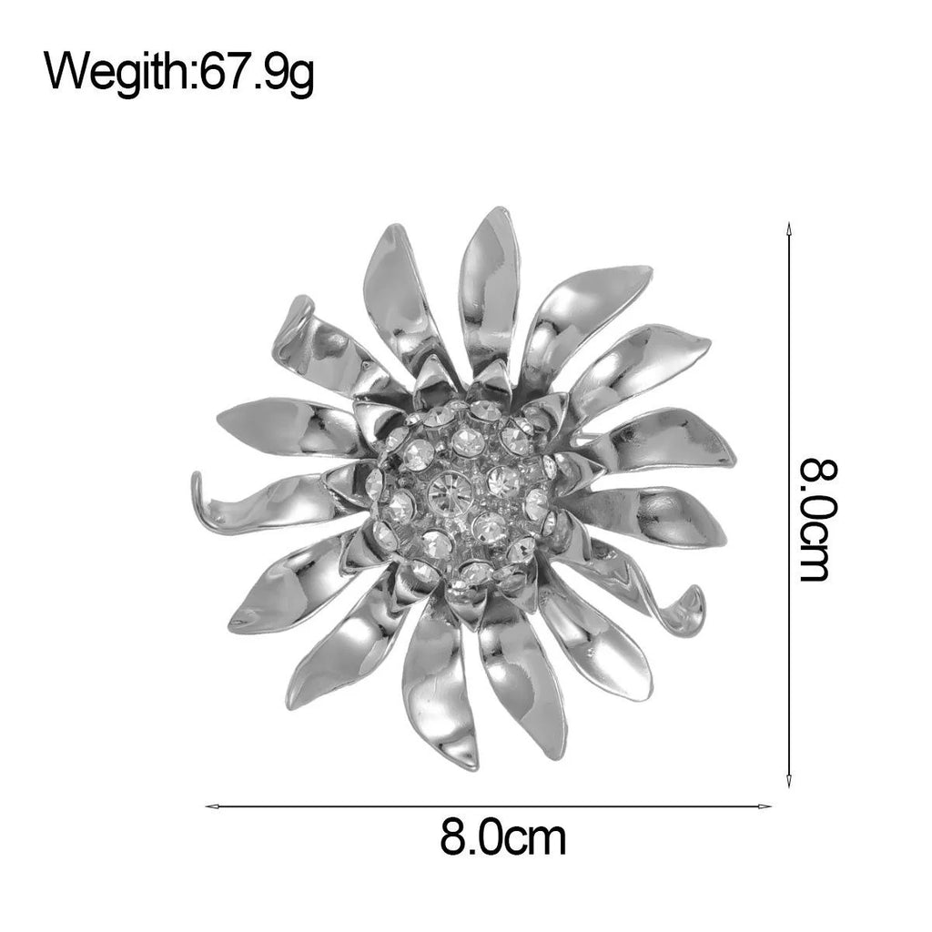 Luxury Silver Alloy Sunflower Rhinestone Brooch, Elegant Large Flower Lapel Pin Corsage Suit Accessory