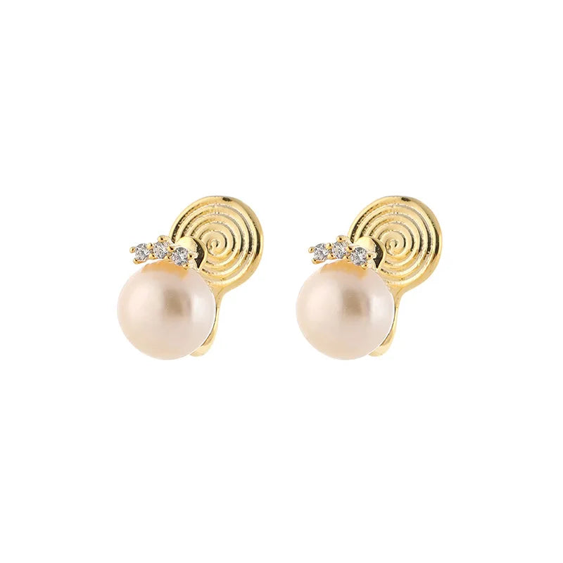 Elegant Round Freshwater Pearl Zircon Stud & Clip On No Piercing Gold Plated Women's Fashion Earrings