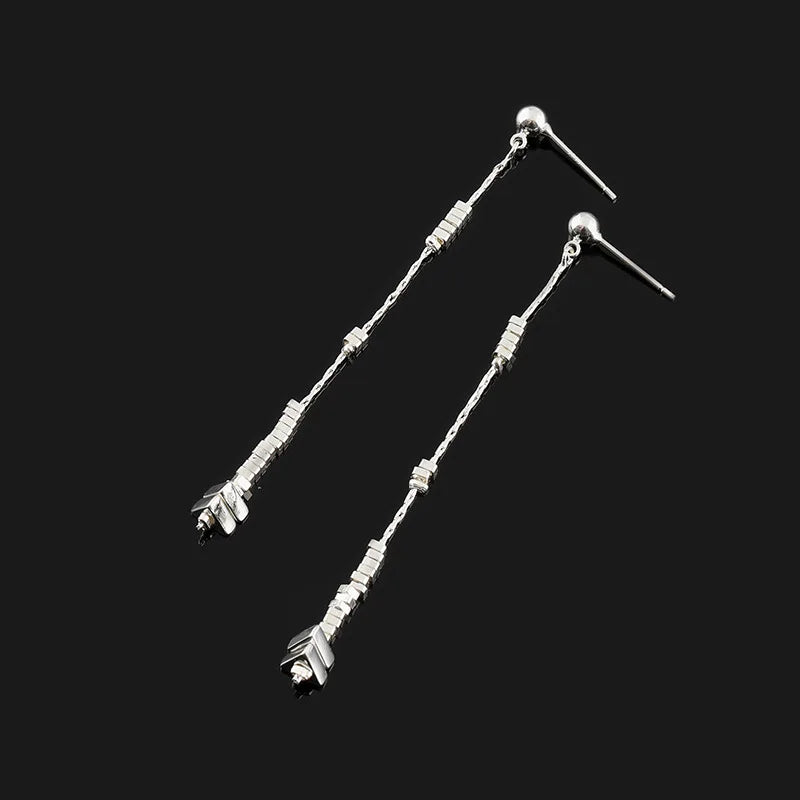Elegant Silver Alloy Broken Silver Bead Long Chain Tassel Stud & Clip On No Piercing Women's Earrings