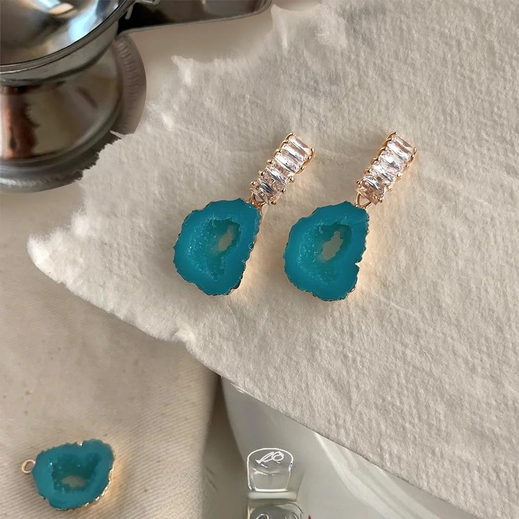 Ice Blue Resin Zircon Drop Earrings Irregular Geometric Ethnic Style Micro Pave Jewelry
