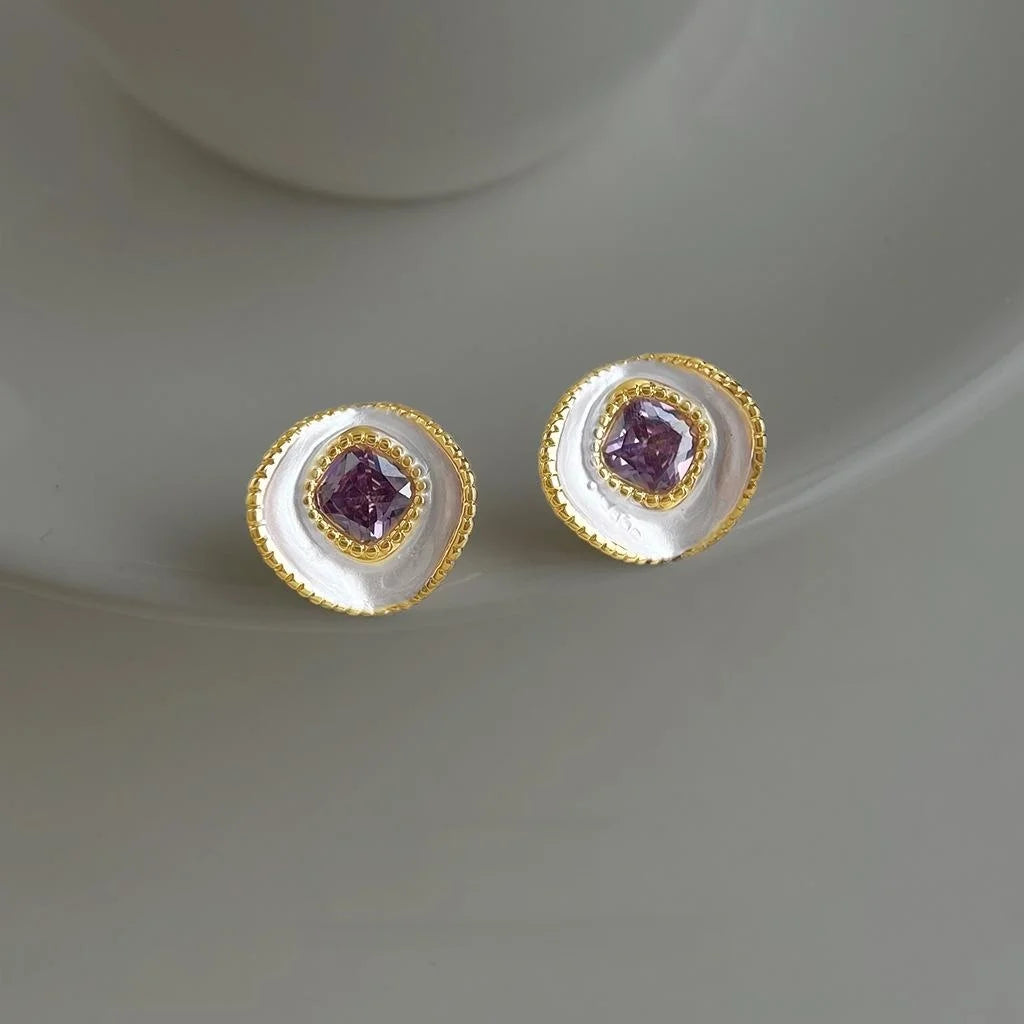 Fashion OL Elegant Purple Zircon Copper Geometric Curved Round Stud Earrings