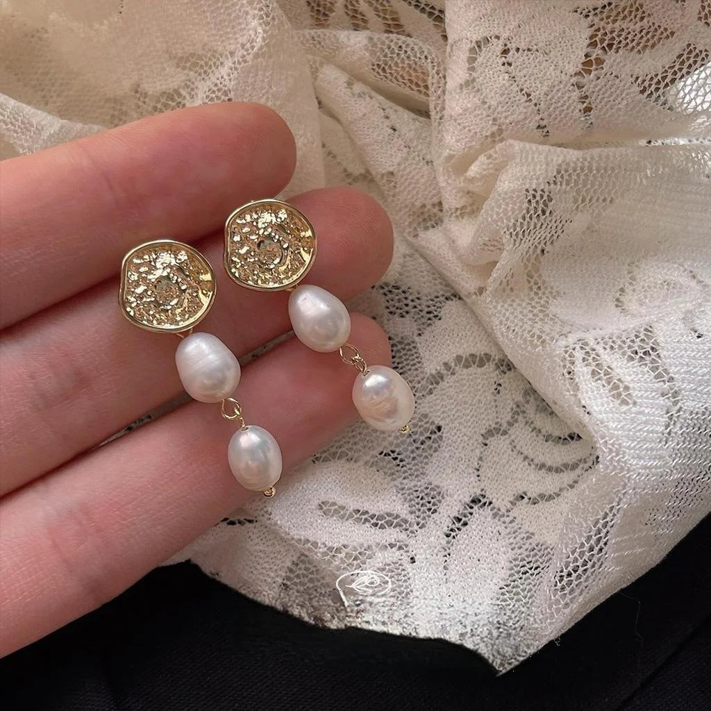 French Vintage Handmade Freshwater Pearl Beaded Tassel Stud Earrings With Hammered Metal Geometric Design