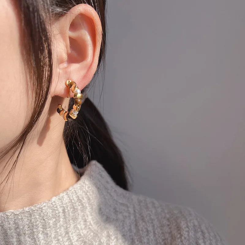 Vintage Tiger Eye Stone Pearl Spiral Hoop Stud & Clip On No Piercing Luxury Alloy Fashion Earrings