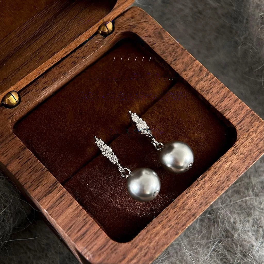 Vintage Geometric Gray Glass Pearl Drop Earrings With Micro Pave Zircon Copper Setting