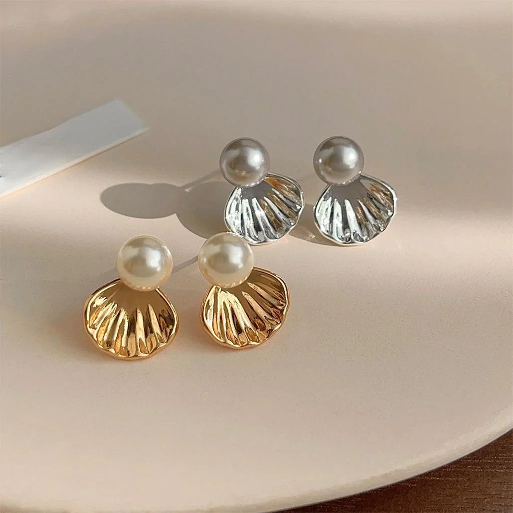 14K Gold Plated Copper Glass Pearl Scallop Shell Stud Earrings Elegant Luxury Jewelry