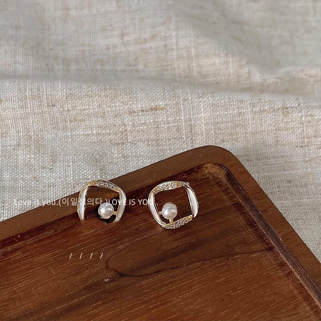 Minimalist 14K Gold Plated Copper Square Hollow Zircon Enamel Drop Earrings