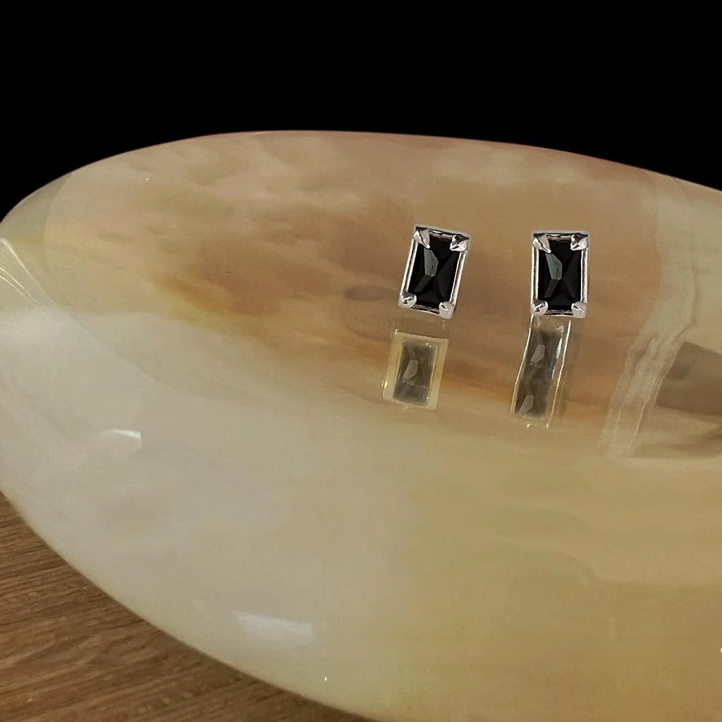 Minimalist Black Rectangular Zircon Copper Stud Earrings, Mini Geometric Jewelry