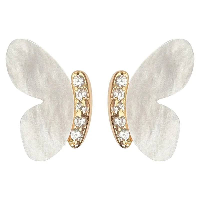 Original Design Cream White Micro Pave Zircon Butterfly Copper Stud Earrings French Elegant Jewelry