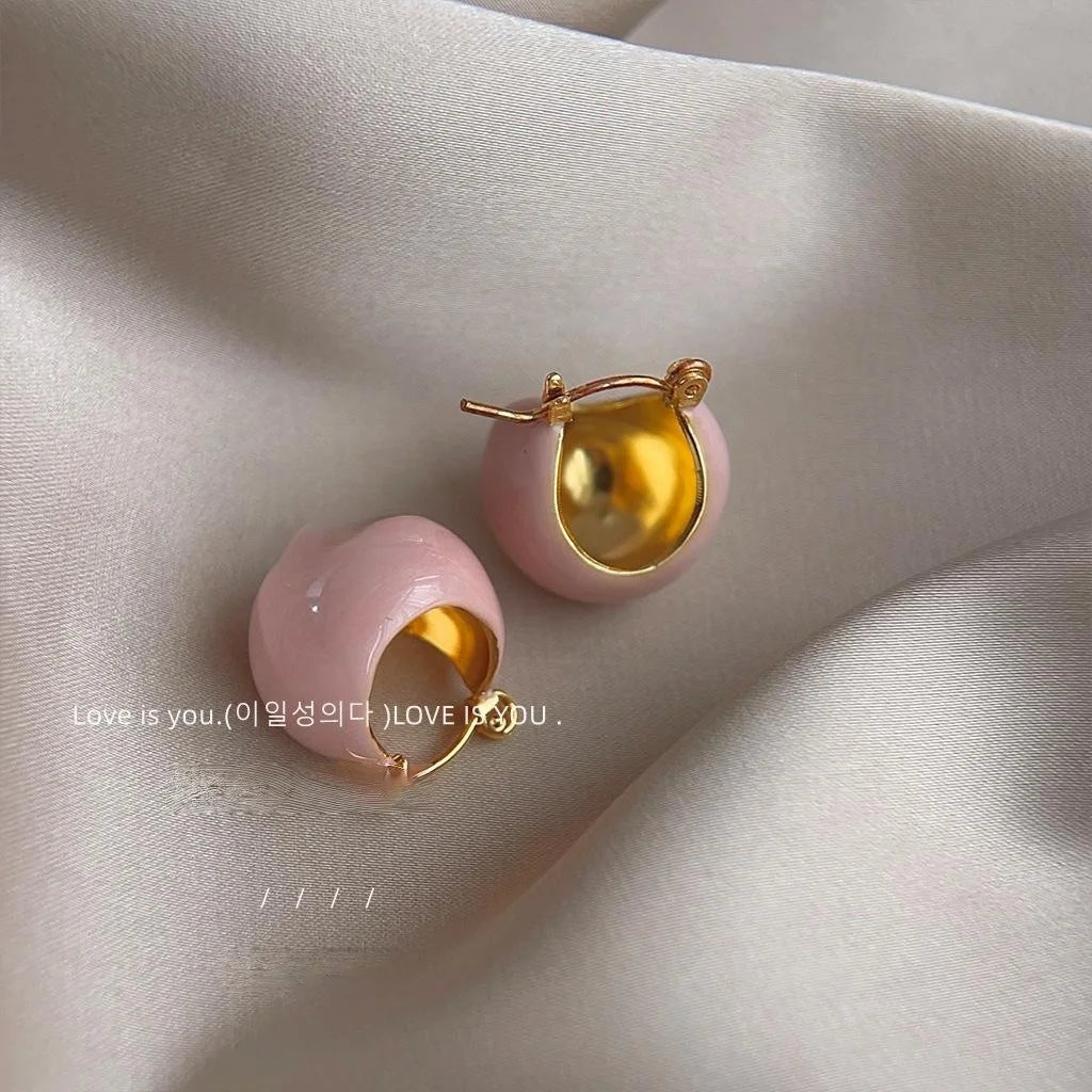 Pink Enamel Copper Oval Drop Earrings Handmade Light Luxury Sweet Minimalist Jewelry