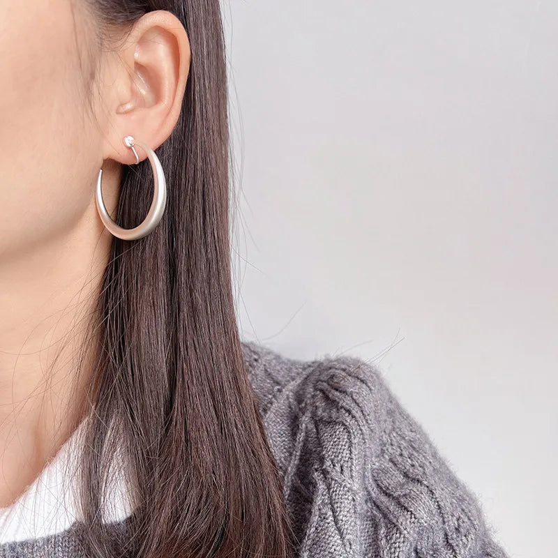 Matte Silver Alloy Open Hoop With Spiral Disc, Minimalist Stud & Clip On No Piercing Earrings