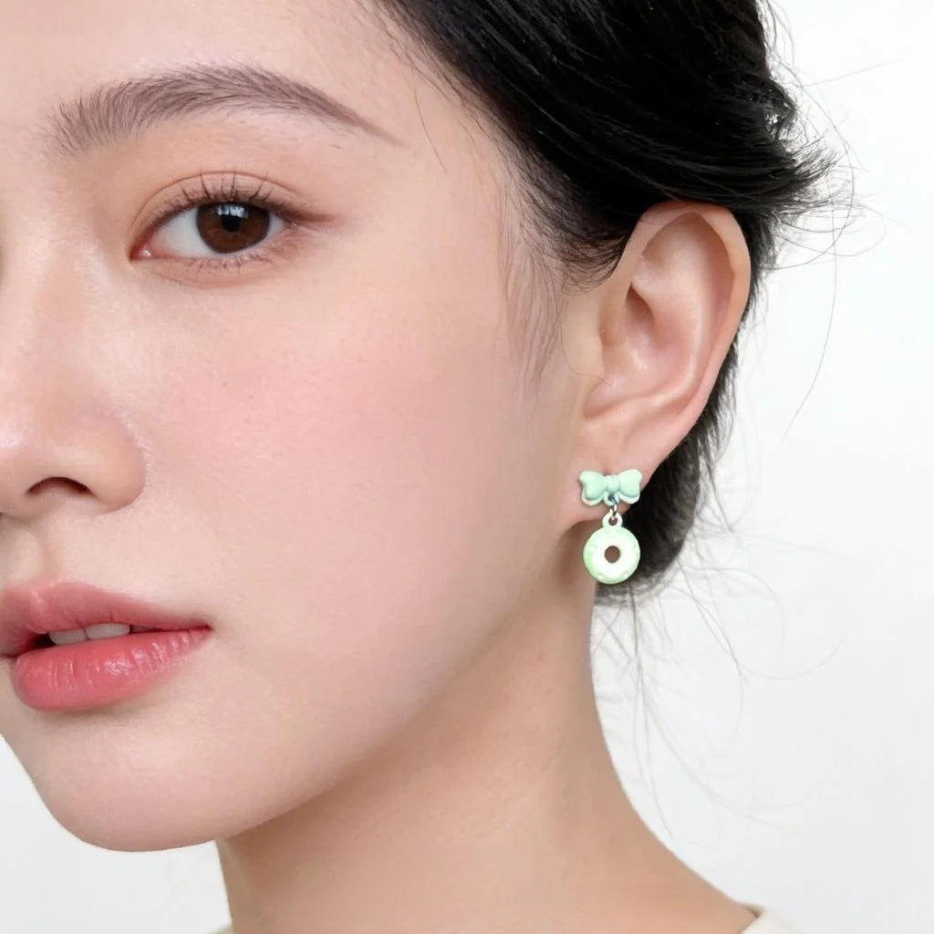 Cute Fresh Bow Donut Drop Earrings Copper Alloy Enamel Silver Plated Needle Jewelry