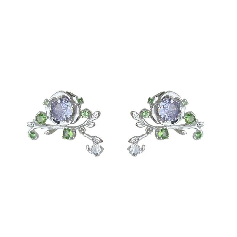 Forest Style Micro Pave Zircon Flower Leaf Stud Earrings Copper