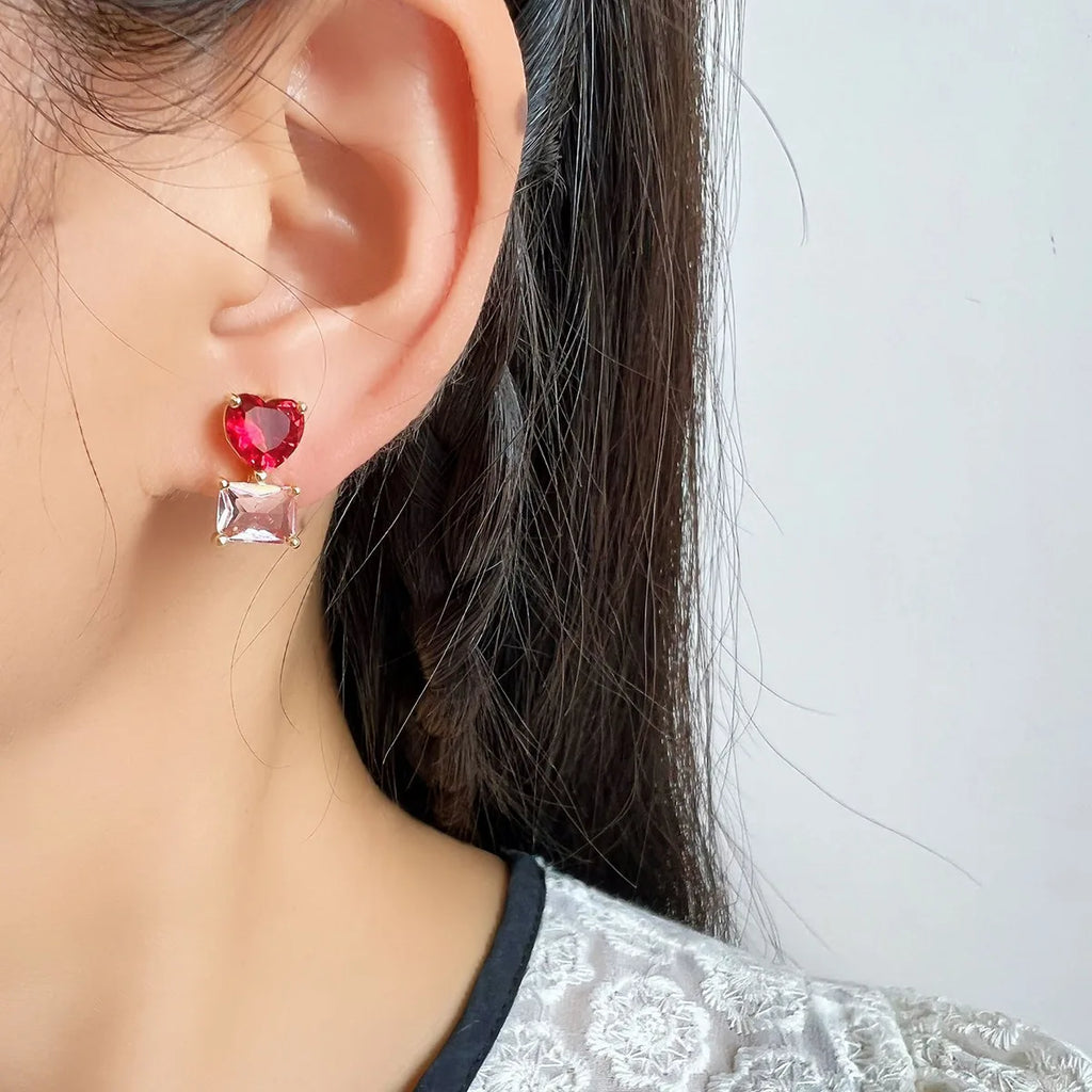 Elegant Gold Tone Alloy Pink Zircon Heart And Square Crystal Stud & Clip On No Piercing Earrings
