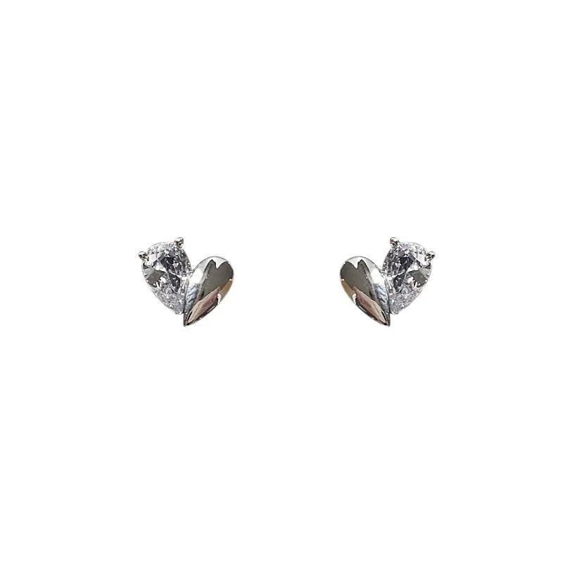 Mini Heart Zircon Stud Earrings With Copper Setting Elegant Casual Style