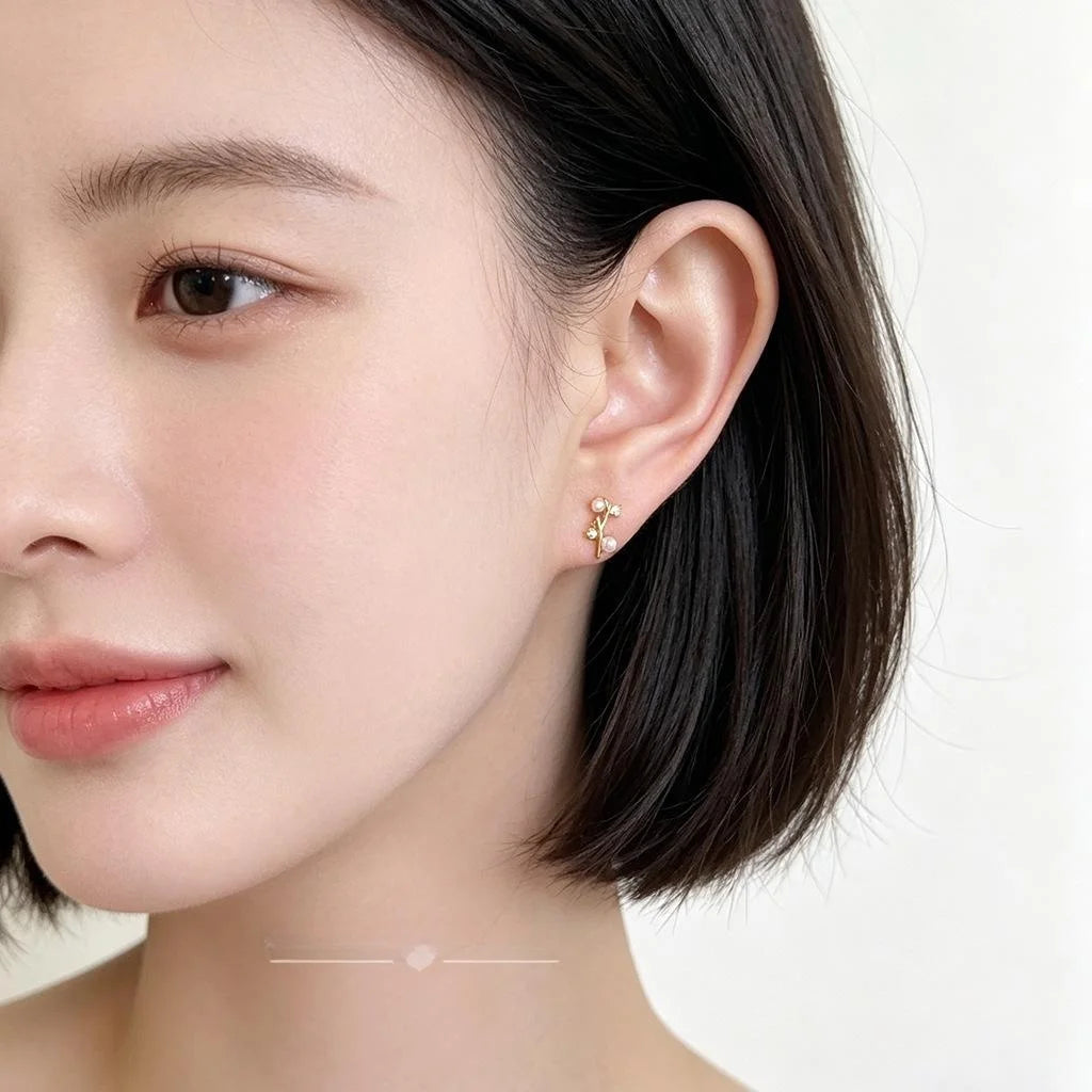 14K Plated Eco Copper Geometric Branch Line Zircon Stud Earrings For Women