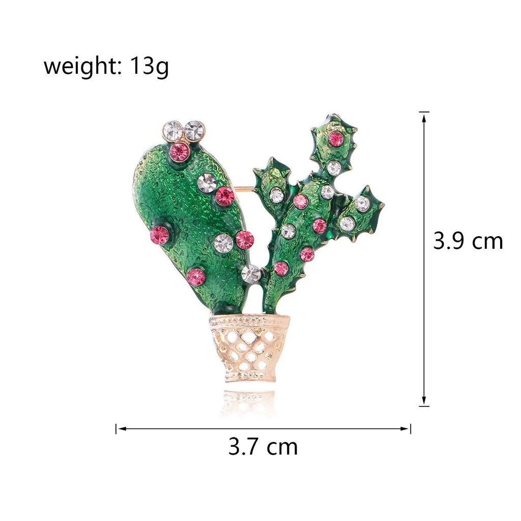 Elegant Green Enamel Cactus Alloy Rhinestone Brooch, Cute Plant Lapel Pin Corsage Sweater Suit Accessory Gift