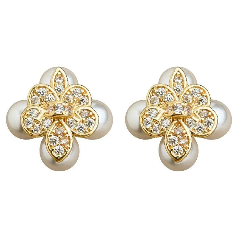 Premium 14K Gold Plated Copper Iris Flower Zircon Pearl Stud Earrings
