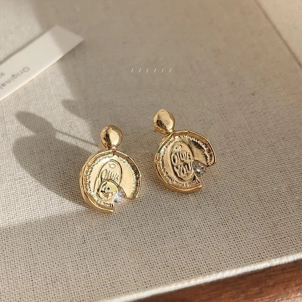 Vintage French Copper Coin Drop Earrings With Micro Pave Zircon Letter Design
