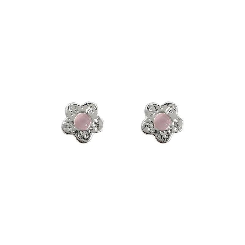 Sweet Cool Mini Pink Glass Cat Eye Peach Blossom Copper Stud Earrings For Women