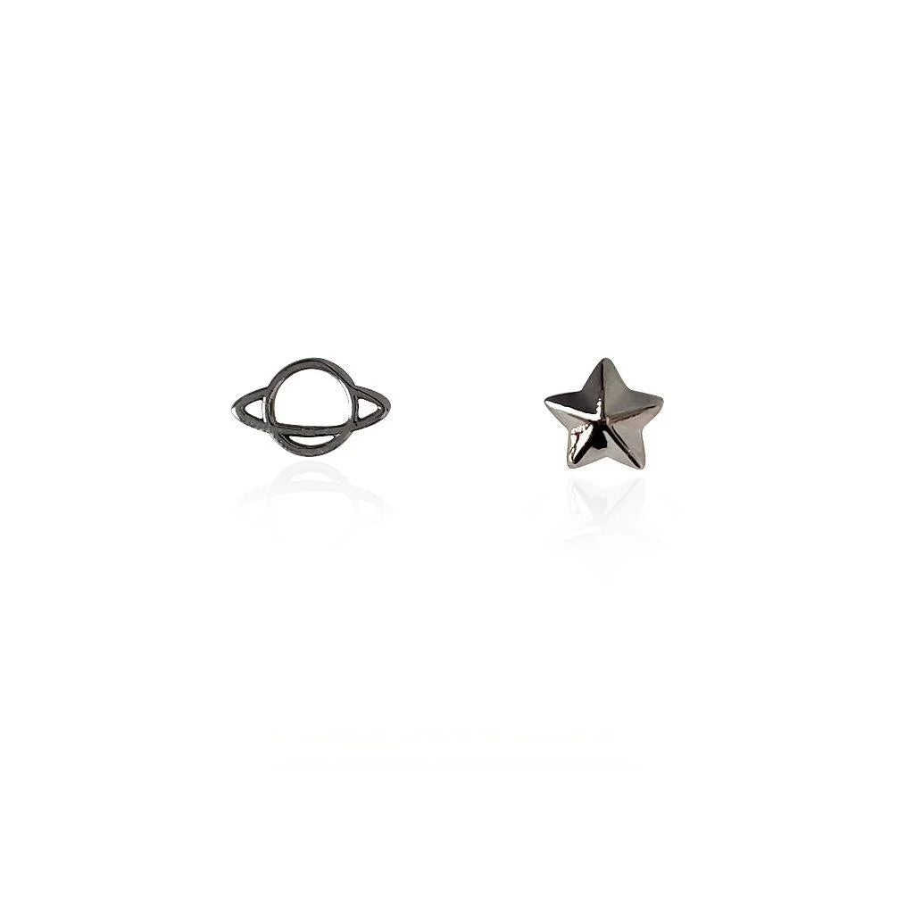 Asymmetric Mini Gunmetal Star Spaceship Copper Stud Earrings Minimalist Style