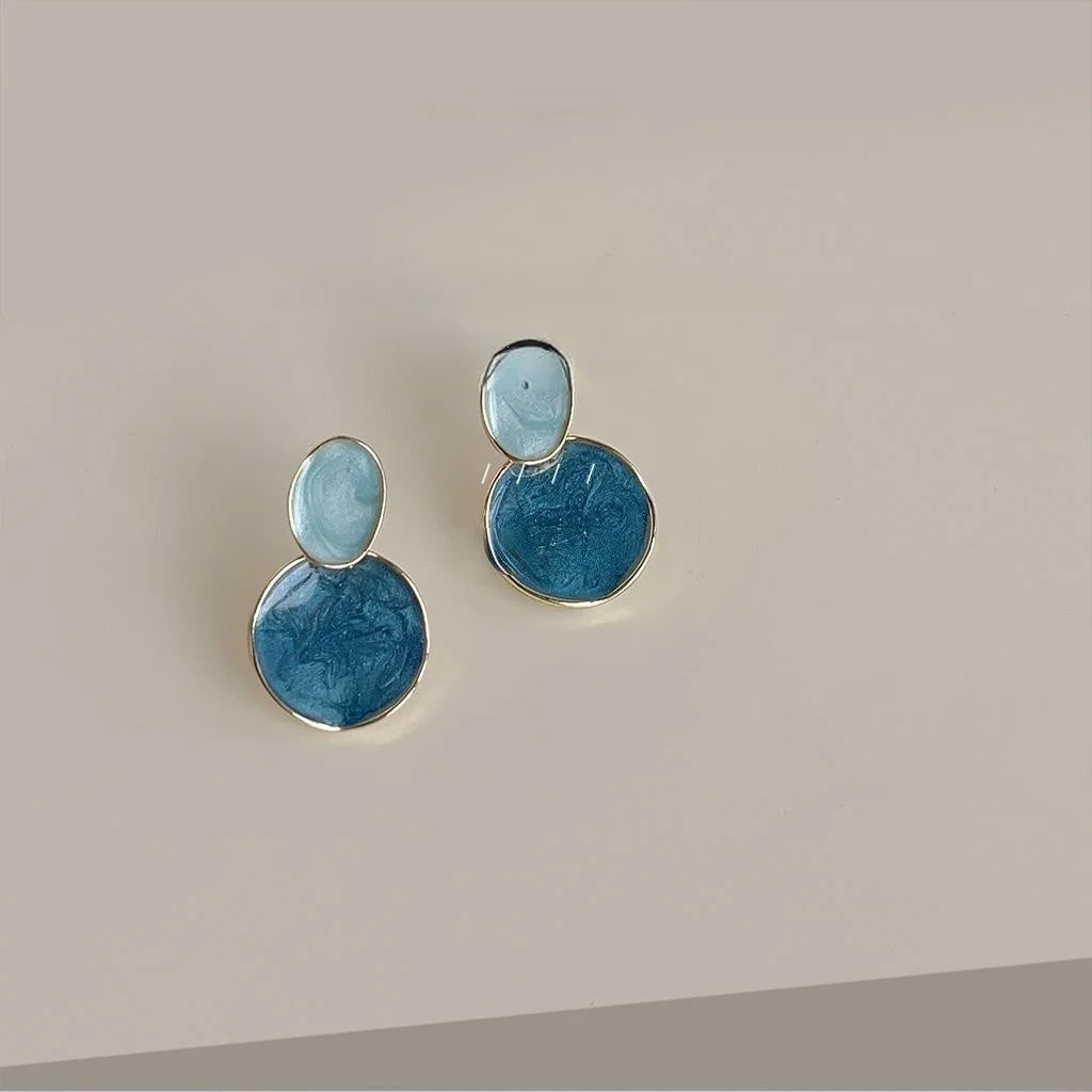 French Elegant Haze Blue Gradient Enamel Copper Geometric Round Oval Stud Earrings