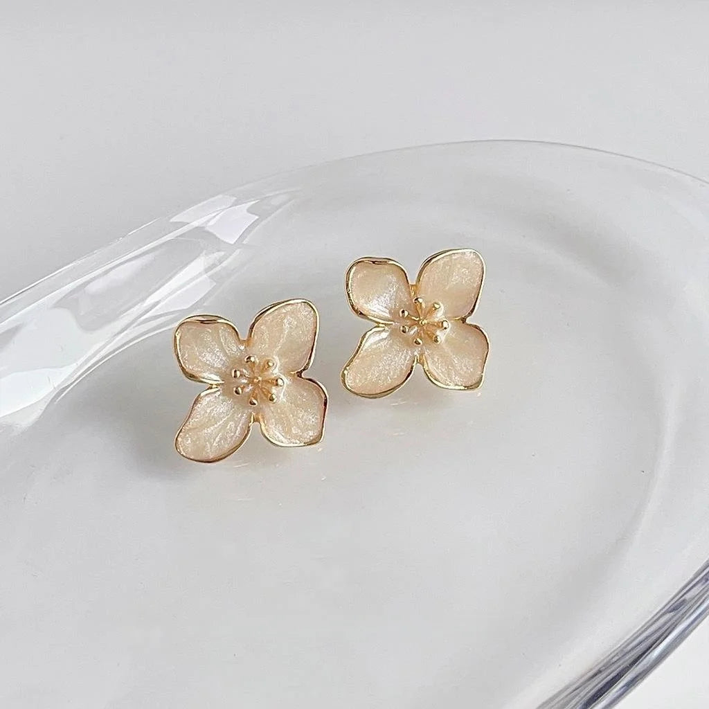Forest Style 14K Gold Plated Copper Flower Stud Earrings With Enamel Texture