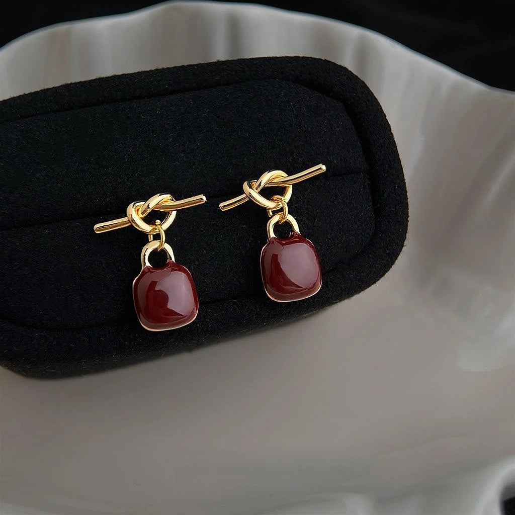Burgundy Enamel Rope Knot Heart Bow Drop Earrings Copper Hong Kong Style Designer Jewelry