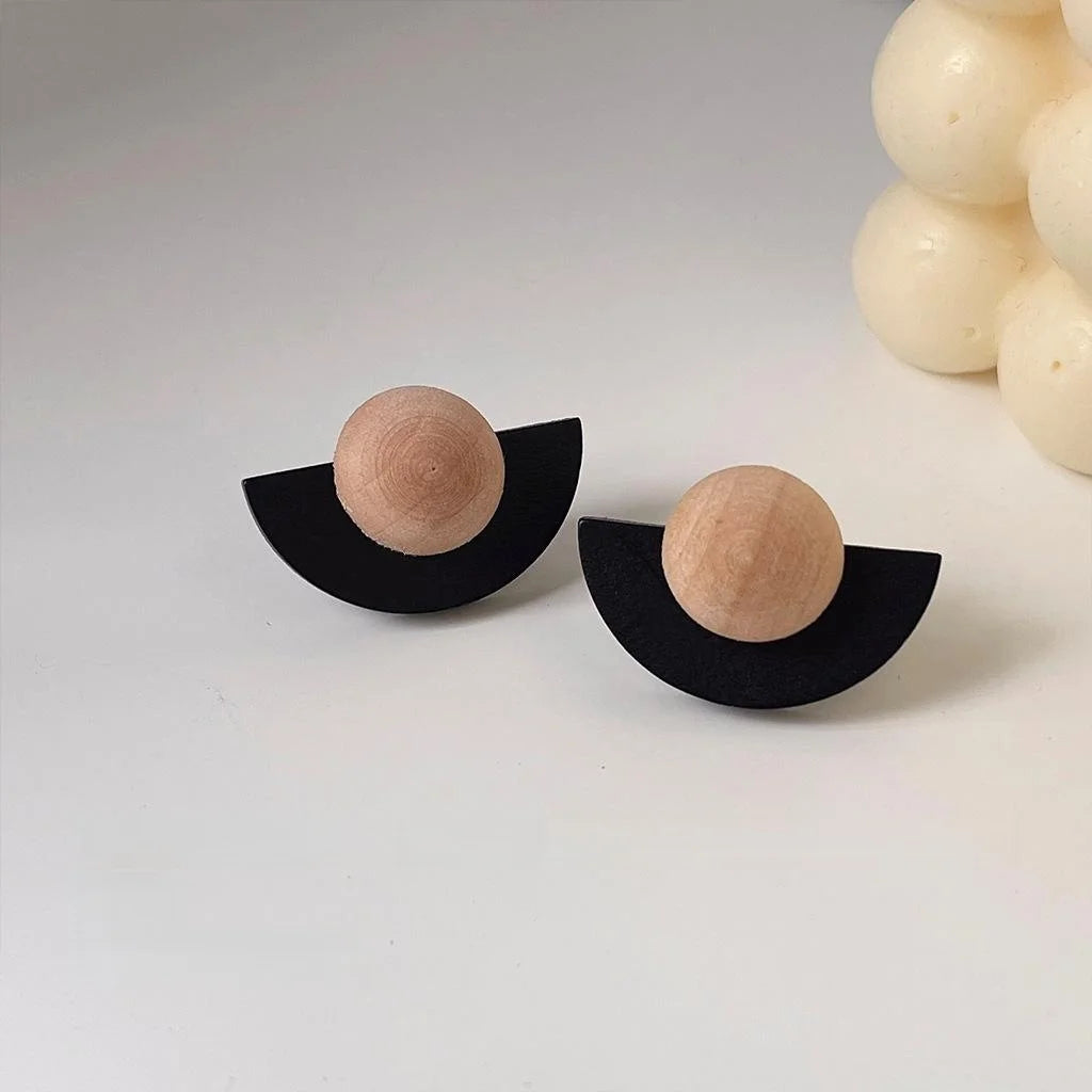 Premium Artistic Geometric Half Circle Wooden Stud Earrings With Silver Plated Pins