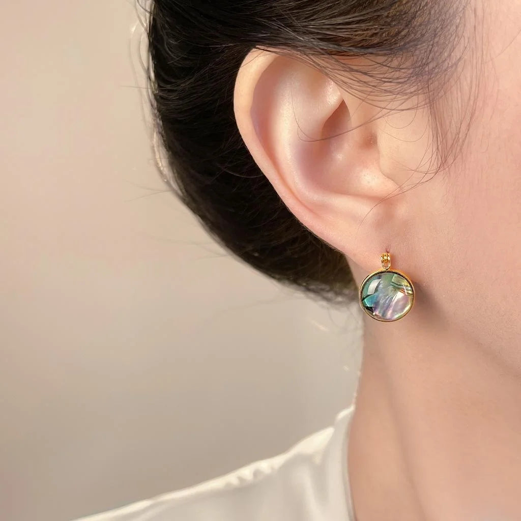 Vintage Style Round Geometric Abalone Shell Copper Double Sided Drop Earrings