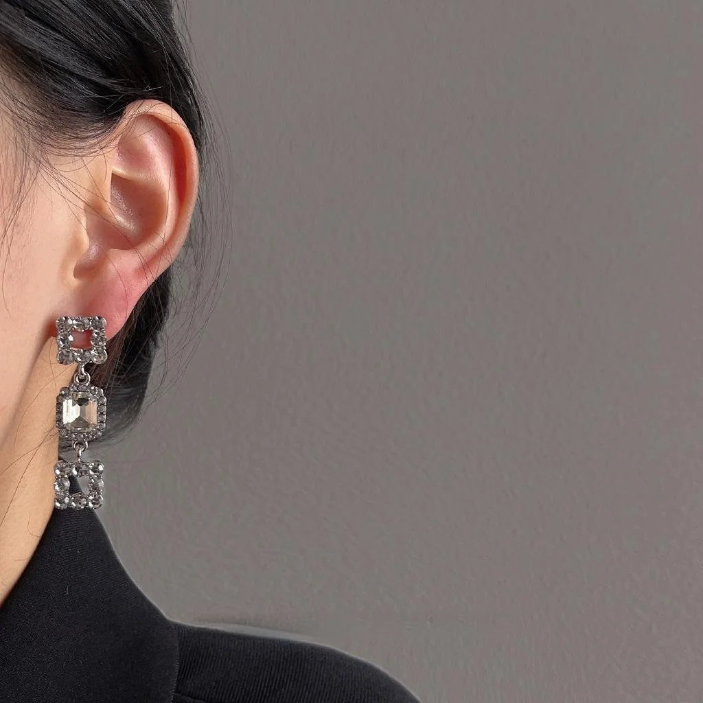 Light Luxury Geometric Square Glass Rhinestone Long Stud Earrings For Evening Wear