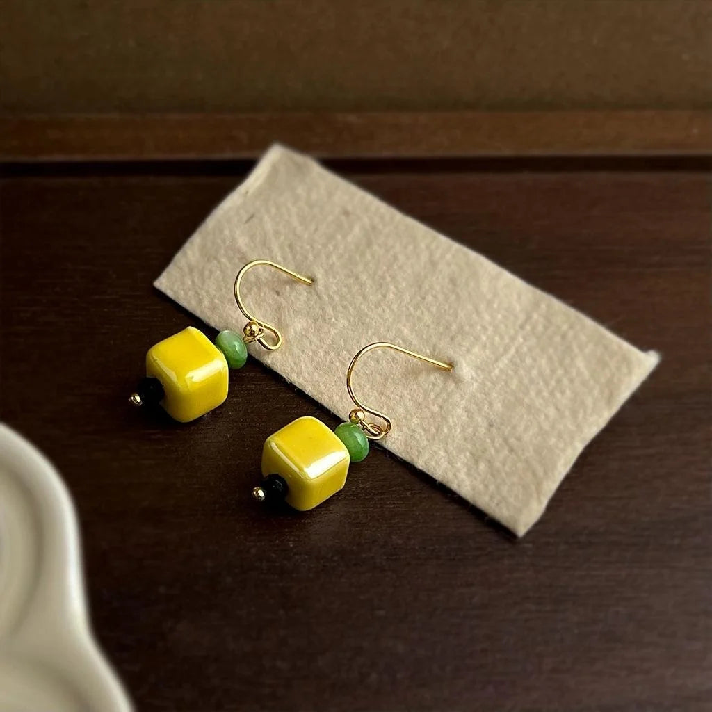 New Chinese Style Yellow Ceramic Geometric Square Handmade Drop Earrings for Women