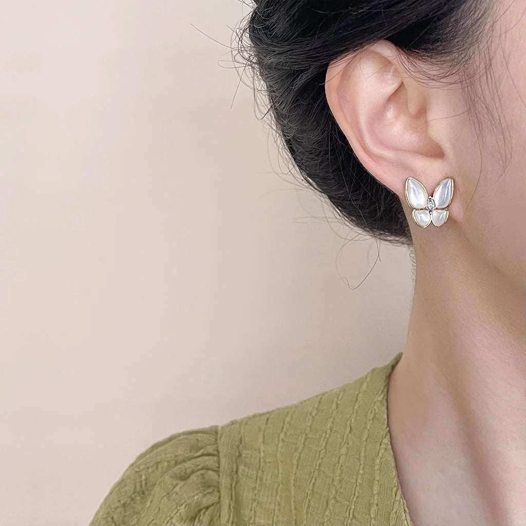 14K Gold Plated Copper White Mother Of Pearl Butterfly Stud Earrings Elegant Minimalist Jewelry