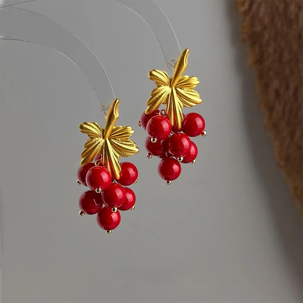 Ankora Style Red Grape Cluster Tassel Drop Earrings Handmade Copper Resin