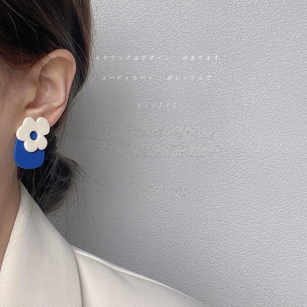 Klein Blue Silver Plated Copper Floral Round Stud Earrings, Hong Kong Style Korean Fashion