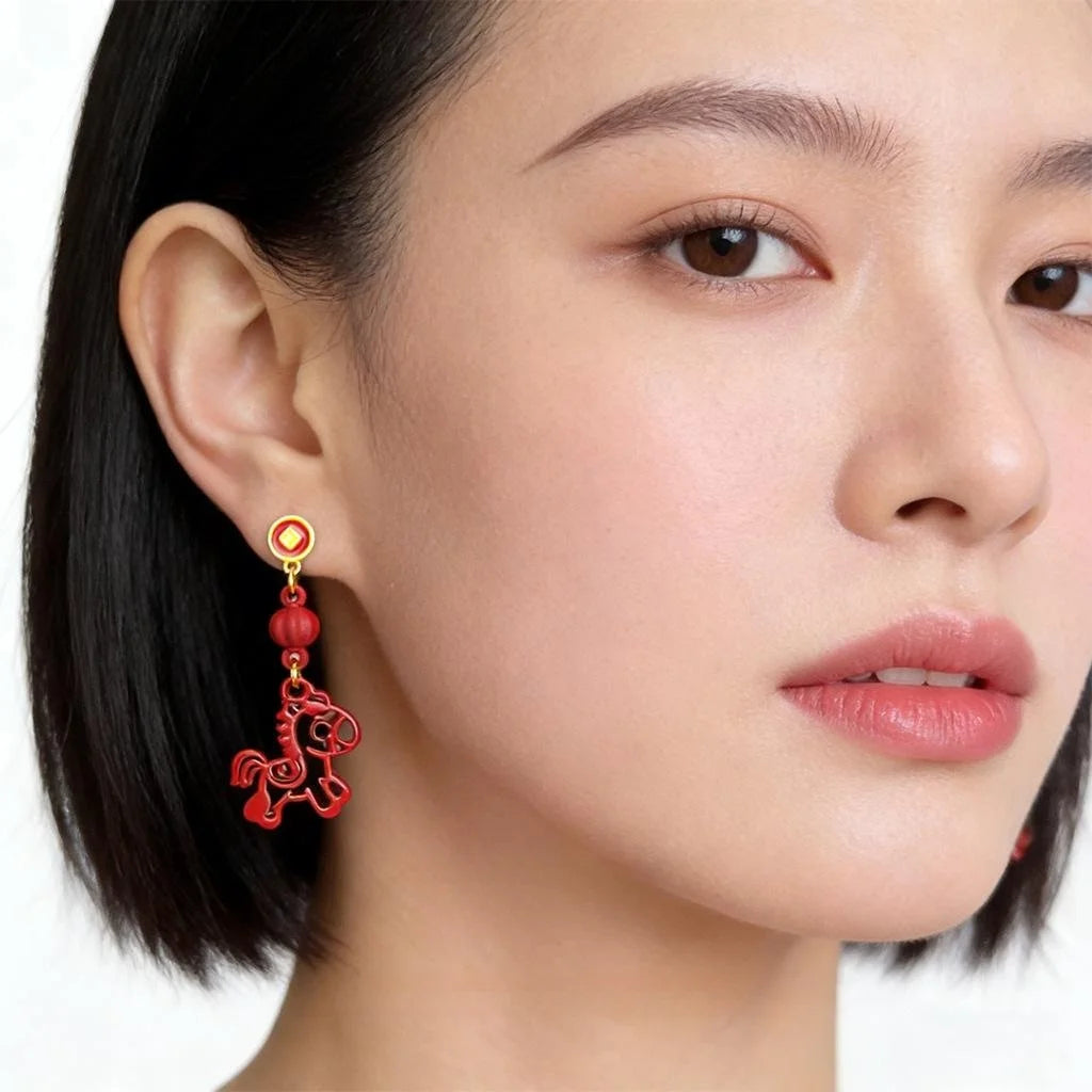 Guochao New Chinese Enamel Lacquer Paper Cut Horse Asymmetric Drop Earrings