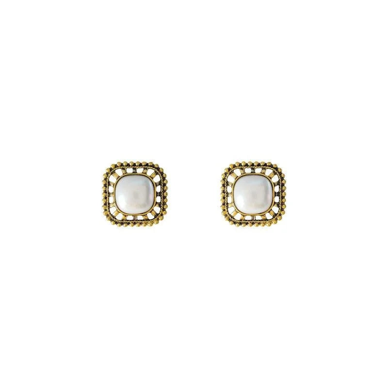 Vintage Antique Gold Plated Alloy Square Geometric Pearl Stud Earrings For Women