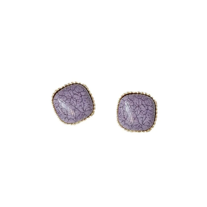 Taro Purple Square Alloy Stud Earrings French Vintage Crackle Geometric Palace Style Jewelry