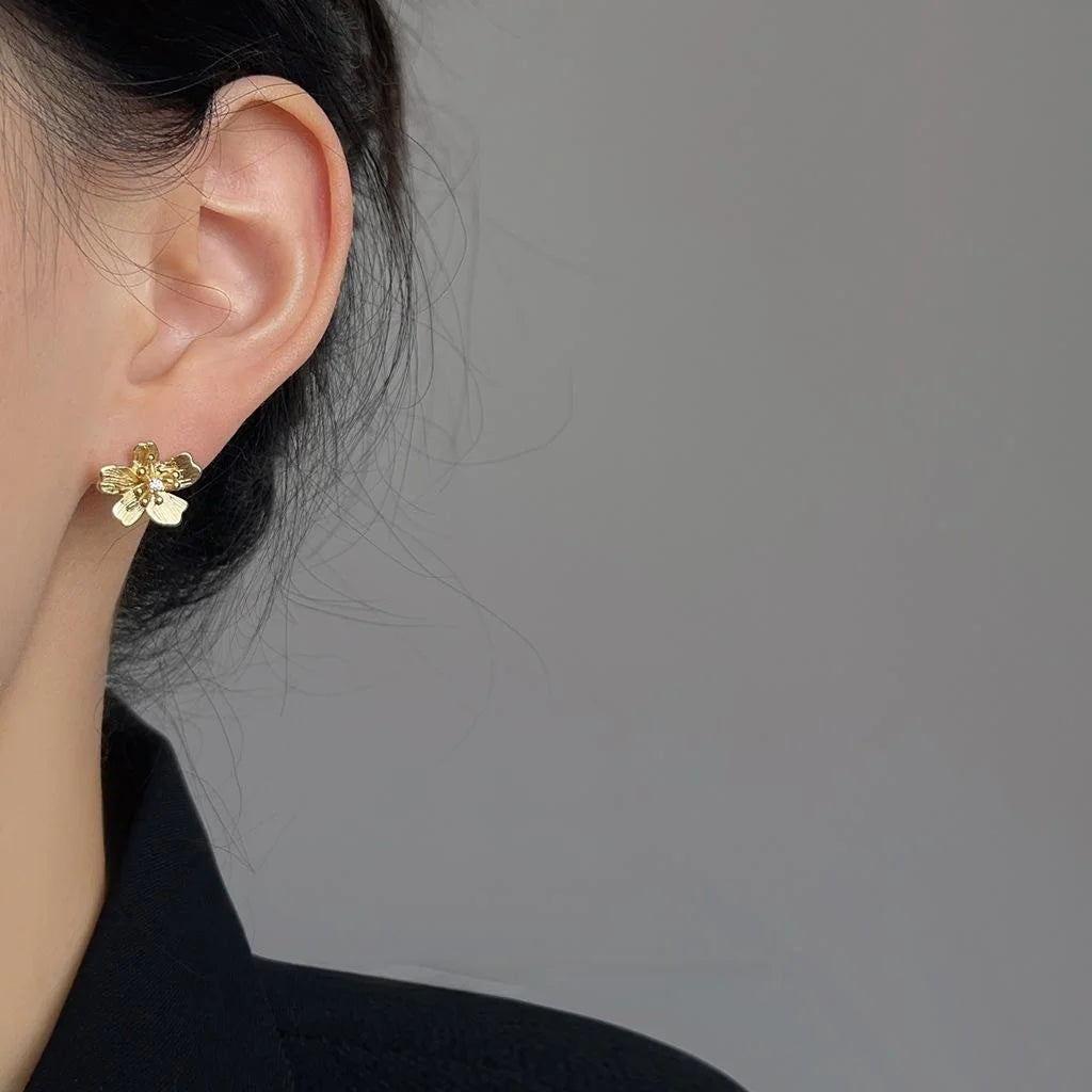 Light Luxury 14K Plated Copper 3D Flower Micro Pave Zircon Stud Earrings