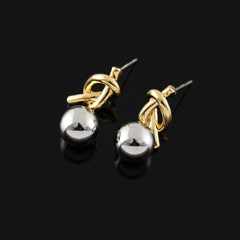Elegant Contrast Two Tone Alloy Geometric Knot Ball Drop Stud & Clip On No Piercing Metal Dangle Earrings